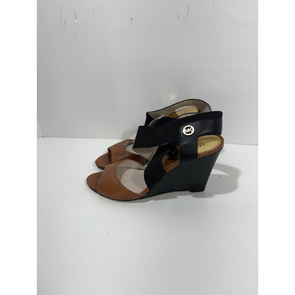 Michael Kors Women Meadow Wedge Sandal Brown Black 7.5 Leather Elastic Straps